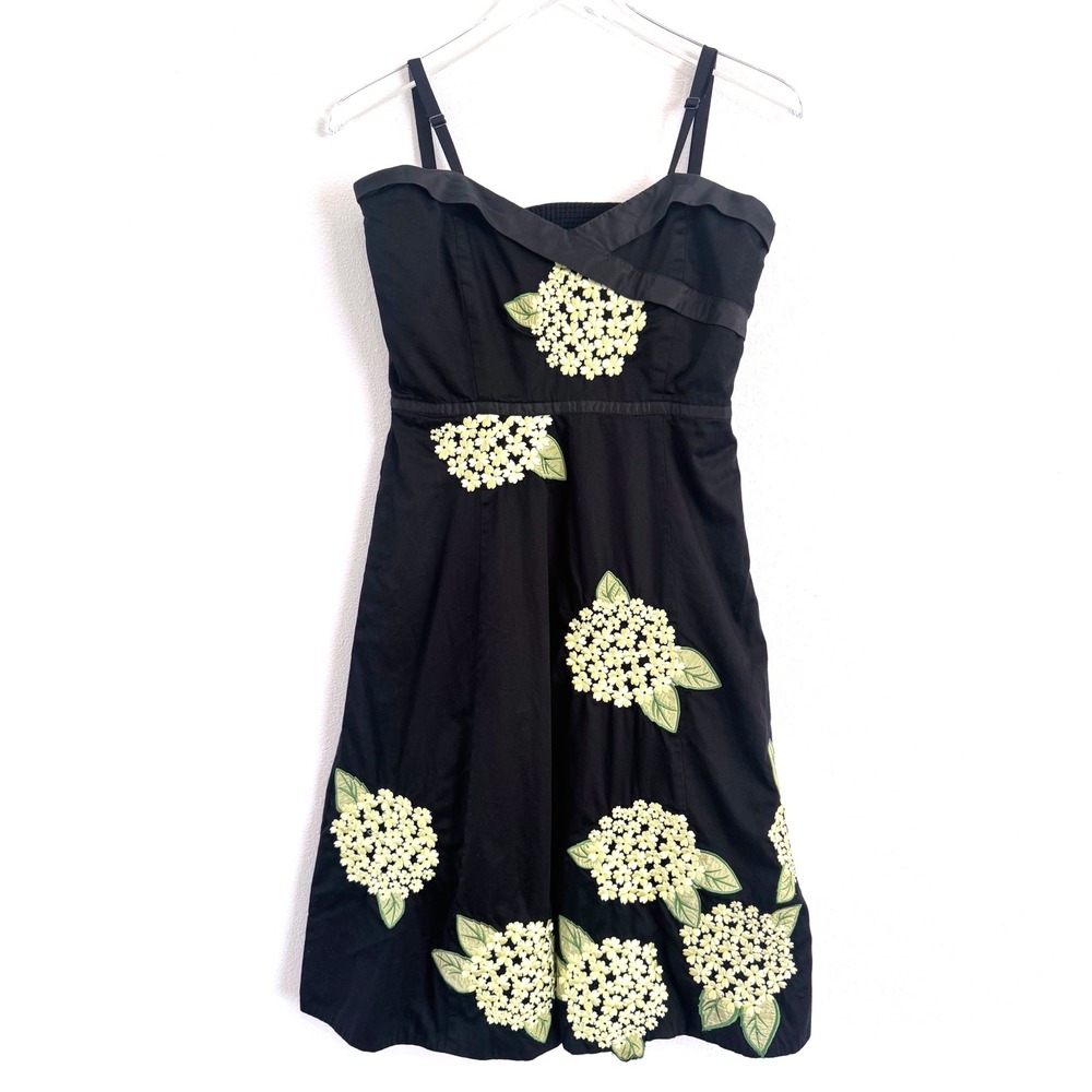 Anthropologie Odille Black Hydrangea Embroidered Strapless Dress with Silk Trim